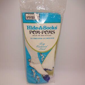NOS New Vintage 1960s/1970s White Hide A Socks Blue Pom Poms 8.5-11 Stretch